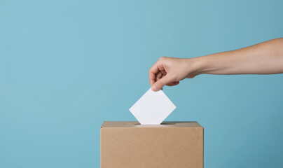 Hand inserts blank ballot into cardboard ballot box. Focus on democratic process of voting and civic duty. Simple blue background emphasizes choice, participation, and government elections.