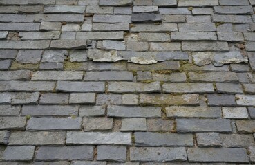 Fototapeta premium Close-up of aged slate roof tiles, grey and green hues, showing wavy texture and moss growth. Some tiles show wear, hinting at old construction and weathered exterior.