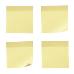 Four yellow sticky notes isolated on transparent background