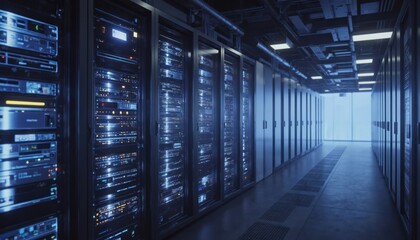 Futuristic data center visualization with rows of glowing server racks. Advanced infrastructure supports big data processing, cloud computing, network communication. Represents innovation in
