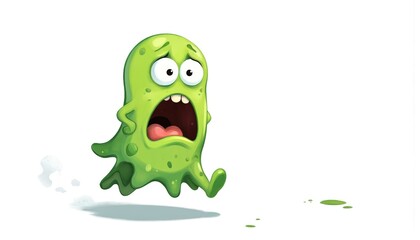 Fototapeta premium Cute cartoon germ character running scared with wide eyes, open mouth. Funny microbe with green blob body, short legs, illustrated in panicked escape pose. Great for health, hygiene, science themes.