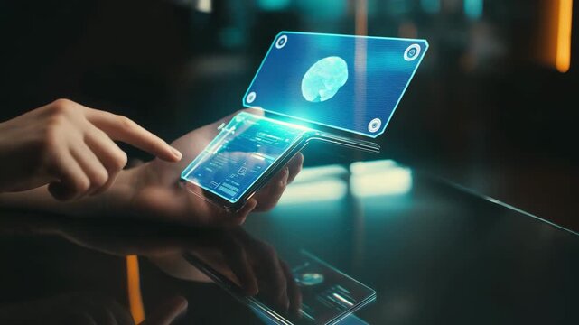 Foldable Transparent Smartphone with Holographic UI and Ambient Light Interaction in Futuristic Workspace