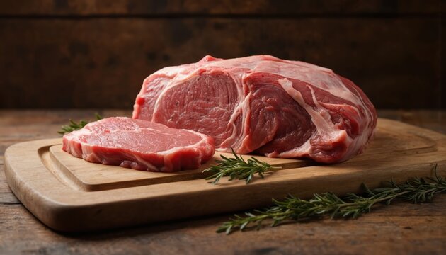 Fresh raw brisket beef meat prime cut, sliced on a wooden board with rosemary herbs. USDA prime beef chunk with visible marbling, uncooked red meat for gourmet grilling, slow cooking or roasting.