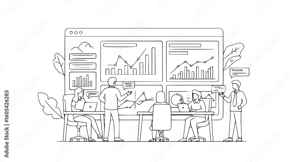 Aufkleber business team collaborating around a table, analyzing data and charts on a large screen during a mee