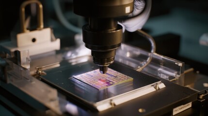 Precision robotic arm carefully separating a microled display from its backing. Showcasing the delicate process involved in manufacturing advanced electronics within a controlled factory environment
