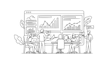 Naklejka premium Business team collaborating around a table, analyzing data and charts on a large screen during a meeting