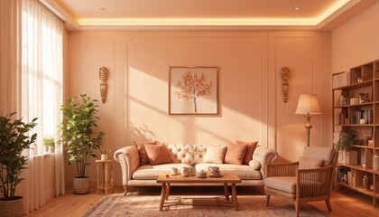 Fototapeta premium Cozy living room with plush sofa, armchair, and bookshelf creating a warm, serene ambiance. Natural light streams through curtains, illuminating plants, artwork, and comforting decor elements.