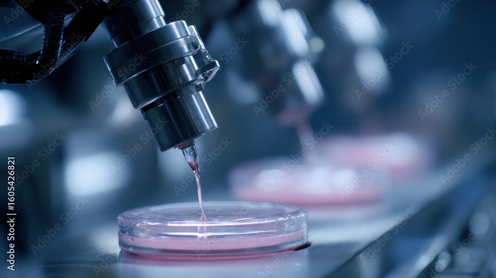 Poster in a meticulously controlled laboratory setting. robotic arms precisely blend hydrogel components. s