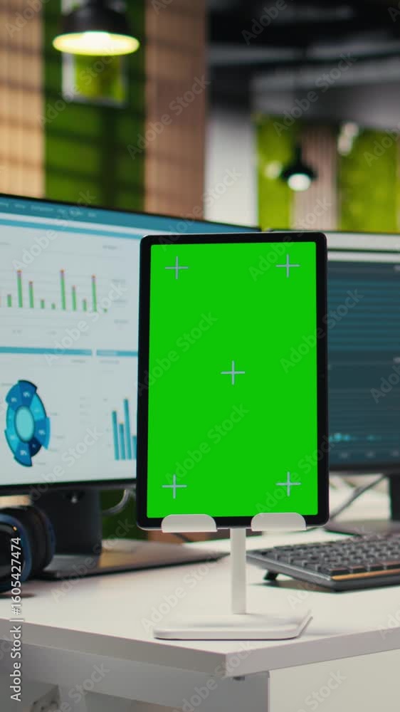 Poster vertical video empty corporate office includes analytics tools and mockup on tablet, supplies arrang