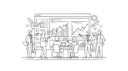 Obraz premium Business team in a meeting, analyzing charts and graphs on a large screen, isolated on white background