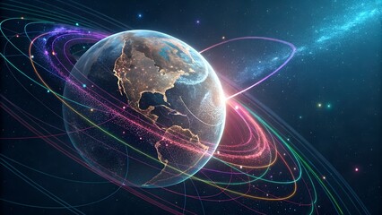 Neon Wireframe Globe Rotating in Space with Digital Data Streams – Sci-Fi 16:9