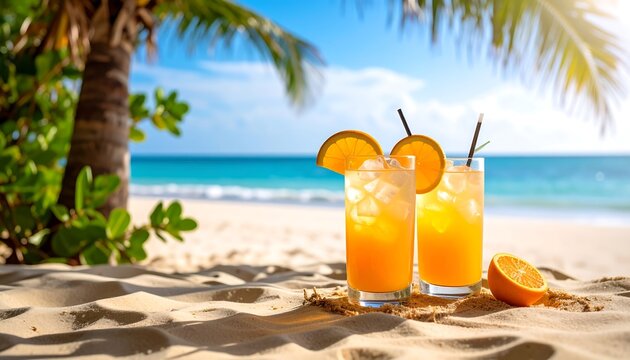 Tropical orange drinks on beach