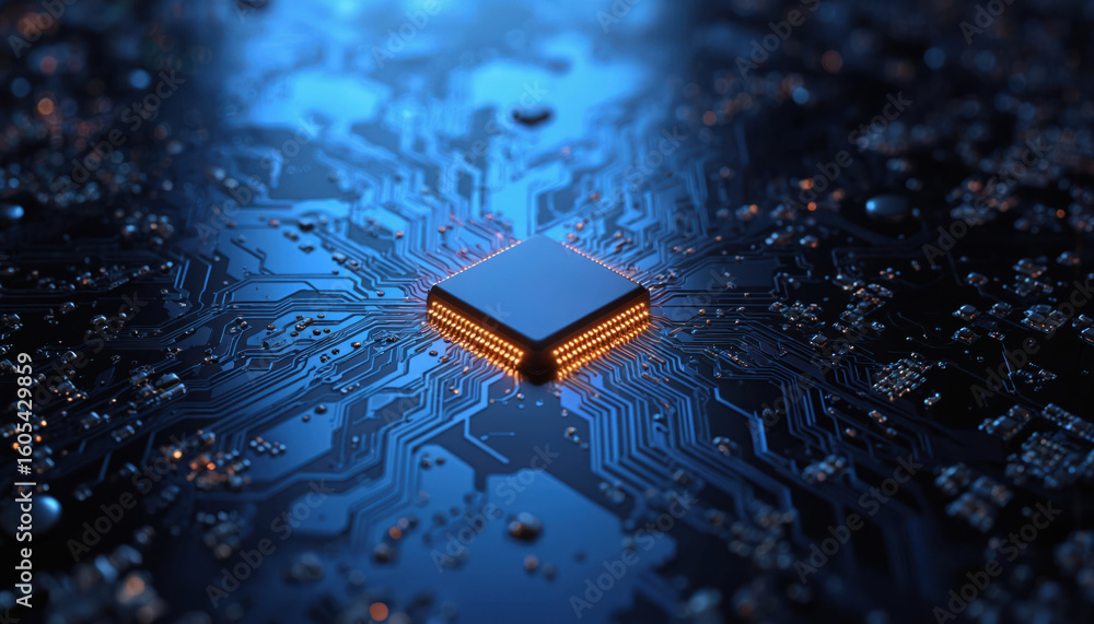 Poster glowing ai chip on blue circuit board, representing artificial intelligence, advanced technology. mi