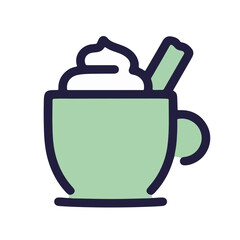 Obraz premium Minimalistic hot cocoa mug with whipped cream and cinnamon stick, pastel green background, cozy winter and beverage concept.