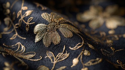 Luxurious black fabric adorned with floral embroidery and gold threads, showcasing an elegant abstract pattern