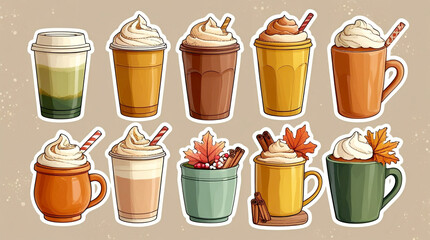 Autumn coffee drinks collection with cozy mugs, whipped cream, pumpkin spice latte, and fall leaves on beige background illustration