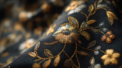 Luxurious black fabric adorned with floral embroidery and gold threads, showcasing an elegant abstract pattern
