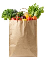 Full brown paper grocery bag overflowing with fresh, healthy food. Contains assorted fruits like apples, oranges, vegetables including broccoli, lettuce, tomatoes, bell peppers, plus bread, milk.