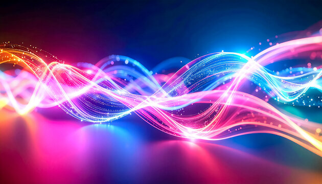 Big data flow, digital network, glowing in vibrant colors against a dark background, luminous streaks twist, swirl in motion. Ideal for design, visual, and futuristic themes
