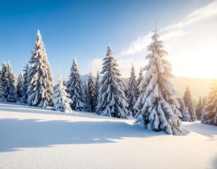 Snowy pine forest at sunrise