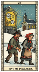 Obraz premium fork style tarot cart Five of Pentacles