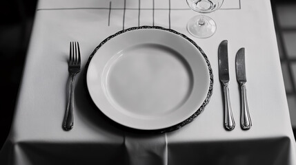 A monochrome dinner set, including plates and cutlery, elegantly arranged on a table in a restaurant panorama generated by AI.