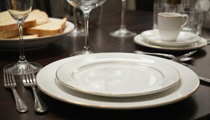 Elegant table setting with white plates featuring gold trim, silver cutlery, crystal wine glasses. Sliced bread in basket adds refined dining atmosphere. Dark polished wood table reflects luxury
