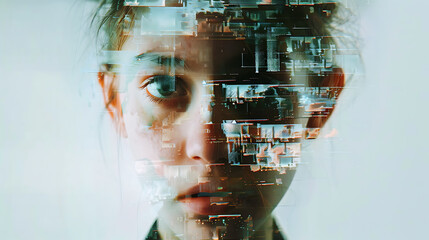 Captivating digital glitch portrait of a thoughtful woman exploring future technology and innovation