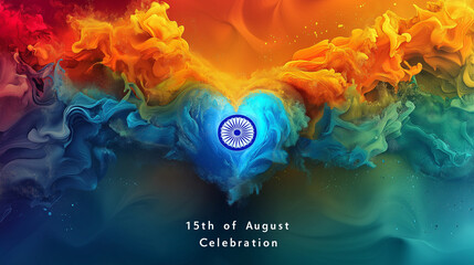 India Independence Day abstract: A vibrant artistic portrayal of India's Independence Day, with a stylized heart emblem formed amidst swirling, colorful smoke. The design radiates energy.