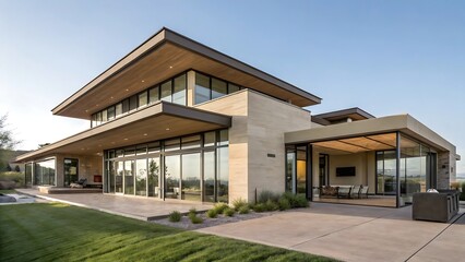 Fototapeta premium Elegant contemporary home with flat rooflines and expansive glass panels, styled in muted earth tones and captured under clear midday sunlight with crisp architectural contrast.