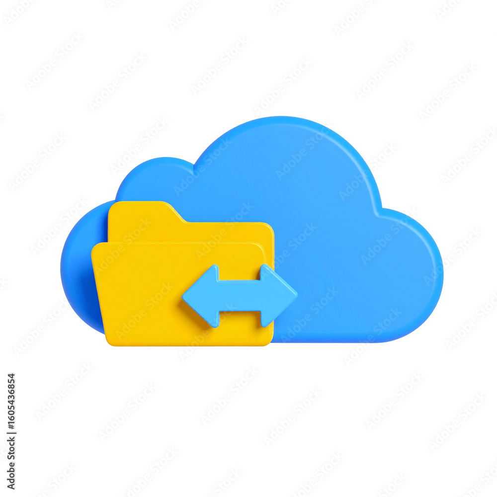 Poster cloud-based file transfer, yellow folder sending data to a blue cloud on a black background, for dig