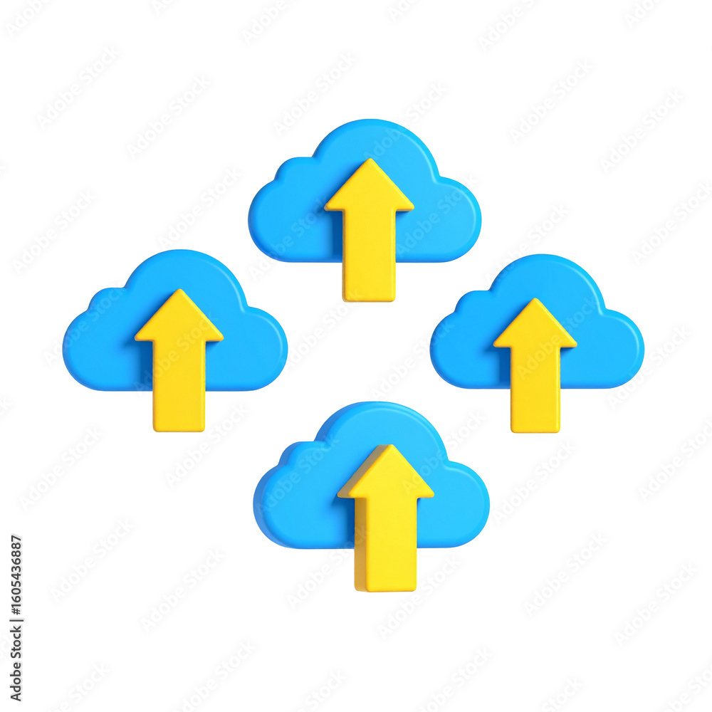 Poster 3d rendering of clouds with arrows uploading data, isolated on a black background, for data storage 