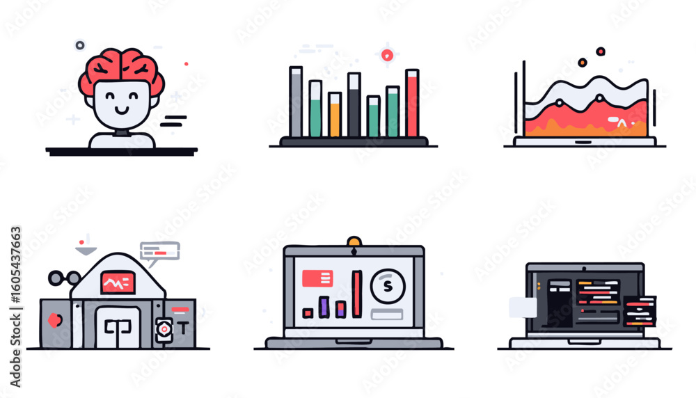 Poster digital technology icons ai, data analytics, machine learning, software development, and business in