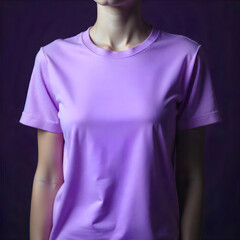 Closeup of a young woman wearing purple t-shirt mockup front template isolated black background