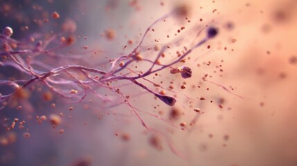 Slowmotion depiction of fine amniotic particles jetting into maternal bloodstream highlighting embolism in pastel tones.