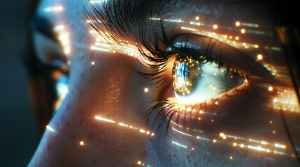 Captivating close-up of a human eye reflecting vibrant digital data streams and glowing particles