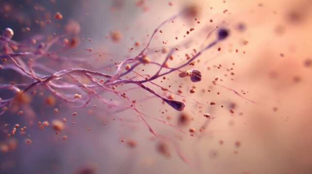 Slowmotion depiction of fine amniotic particles jetting into maternal bloodstream highlighting embolism in pastel tones.
