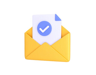 3D yellow envelope open with a document showing a blue checkmark, suggesting a completed task