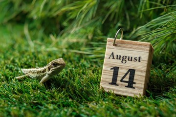 A lizard rests on grass beside a calendar showing August 14