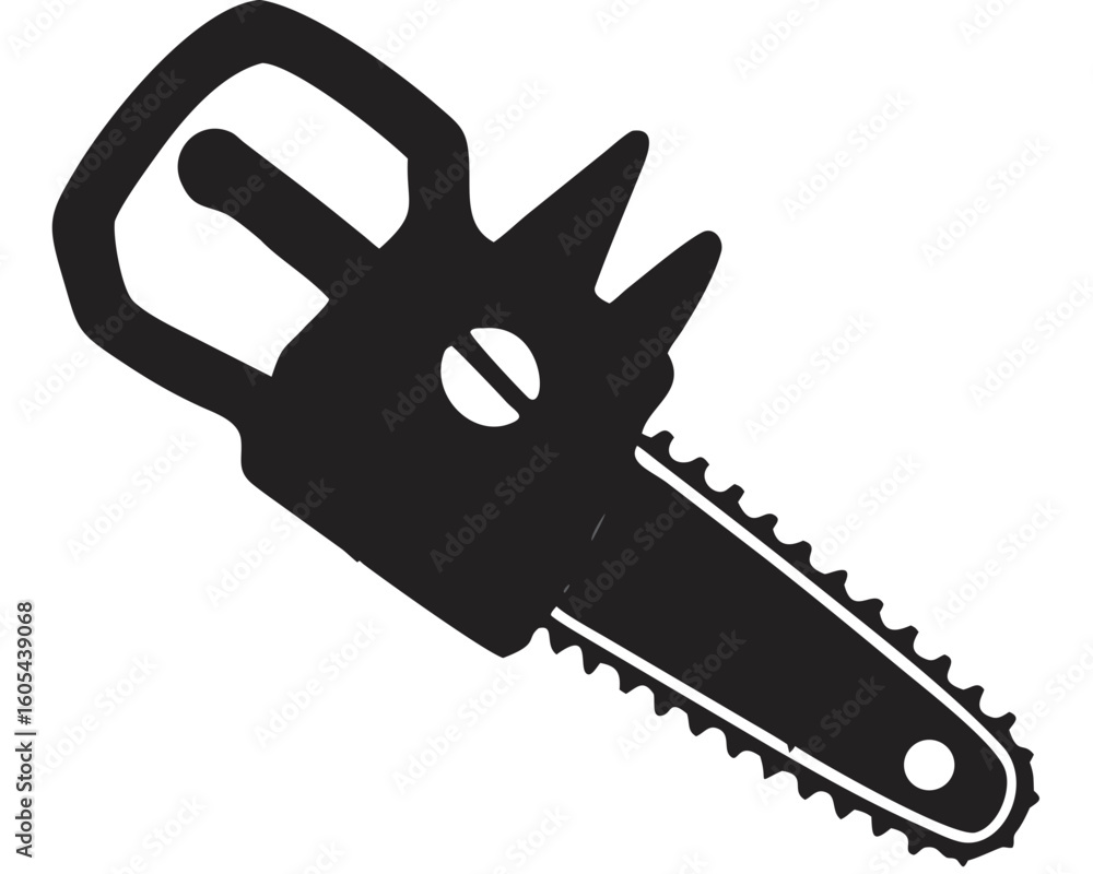 Poster illustration of a black chainsaw with a handle and sharp teeth on the blade for cutting wood objects