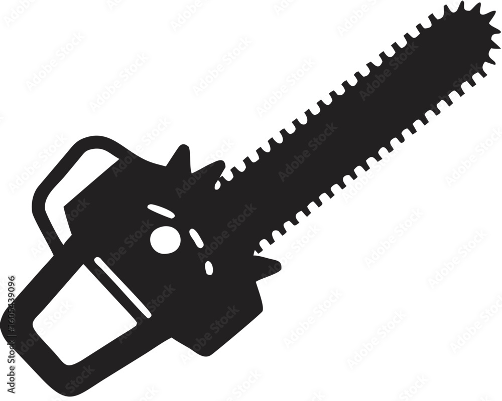 Poster illustration of a black chainsaw with a handle and a long toothed blade on a white background tool c