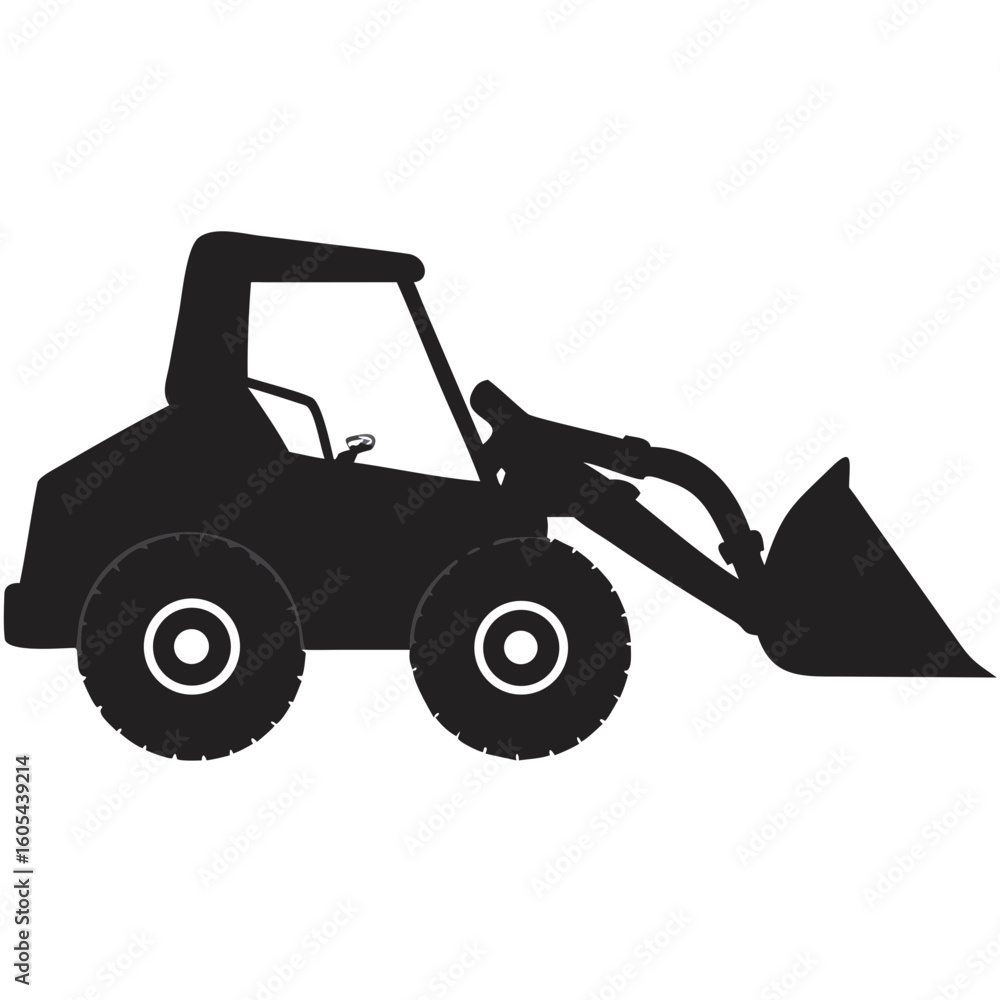 Poster silhouette of a skid steer loader with a bucket attachment for construction and landscaping projects