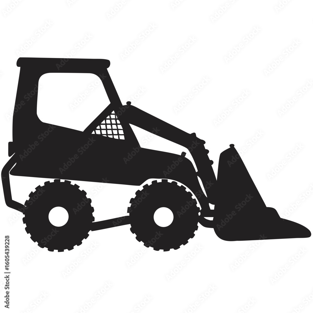 Poster silhouette of a skid steer loader with a front bucket and visible tire treads on a white background 
