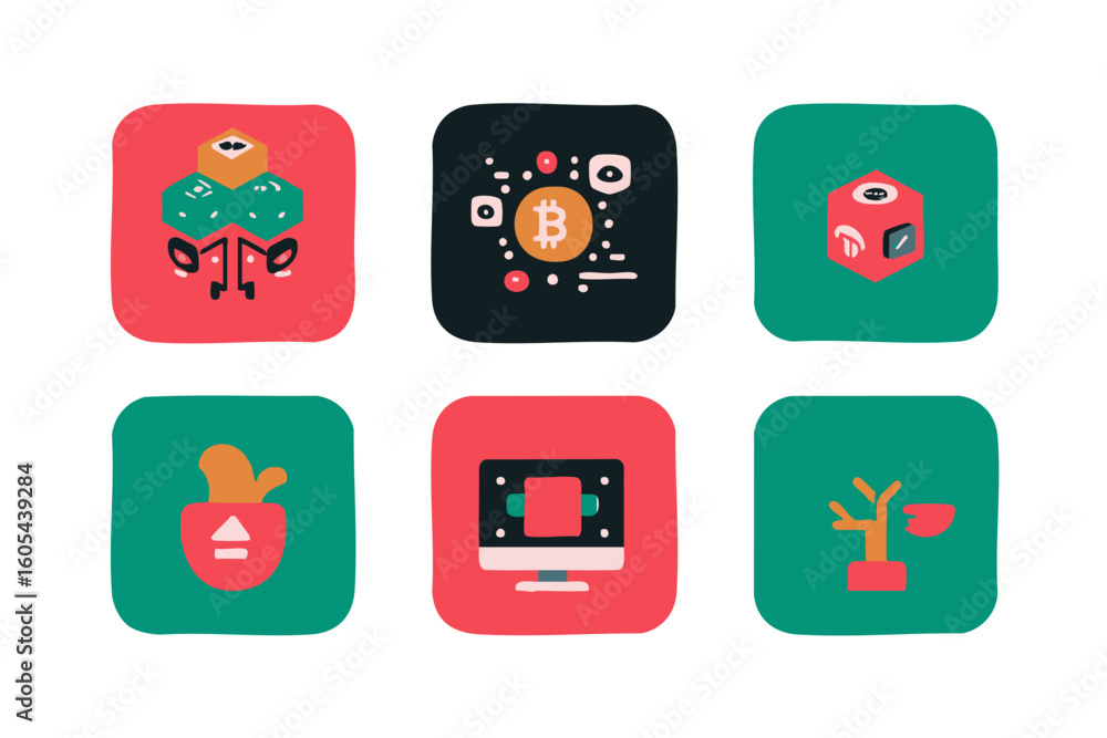 Poster digital technology icons blockchain, cryptocurrency, data science, growth, and development vector ic