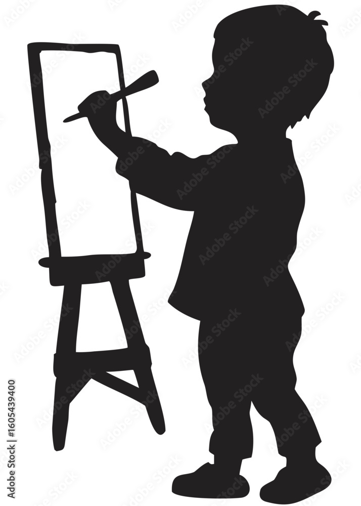 Poster silhouette of a young child painting on a canvas with a brush on an easel in a simple vector art cre