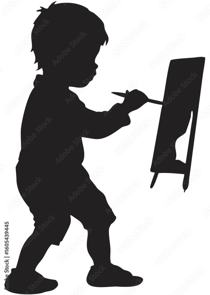 Poster silhouette of a child painting on an easel with a brush creating artwork in a creative environment c
