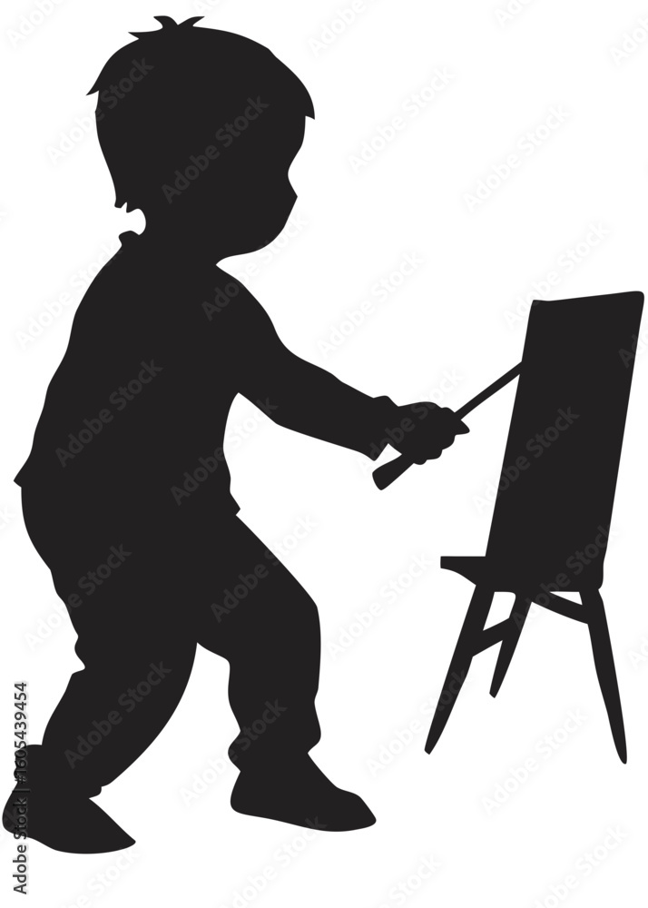 Poster silhouette of a young child painting on an easel with a brush in a studio setting on a white backgro