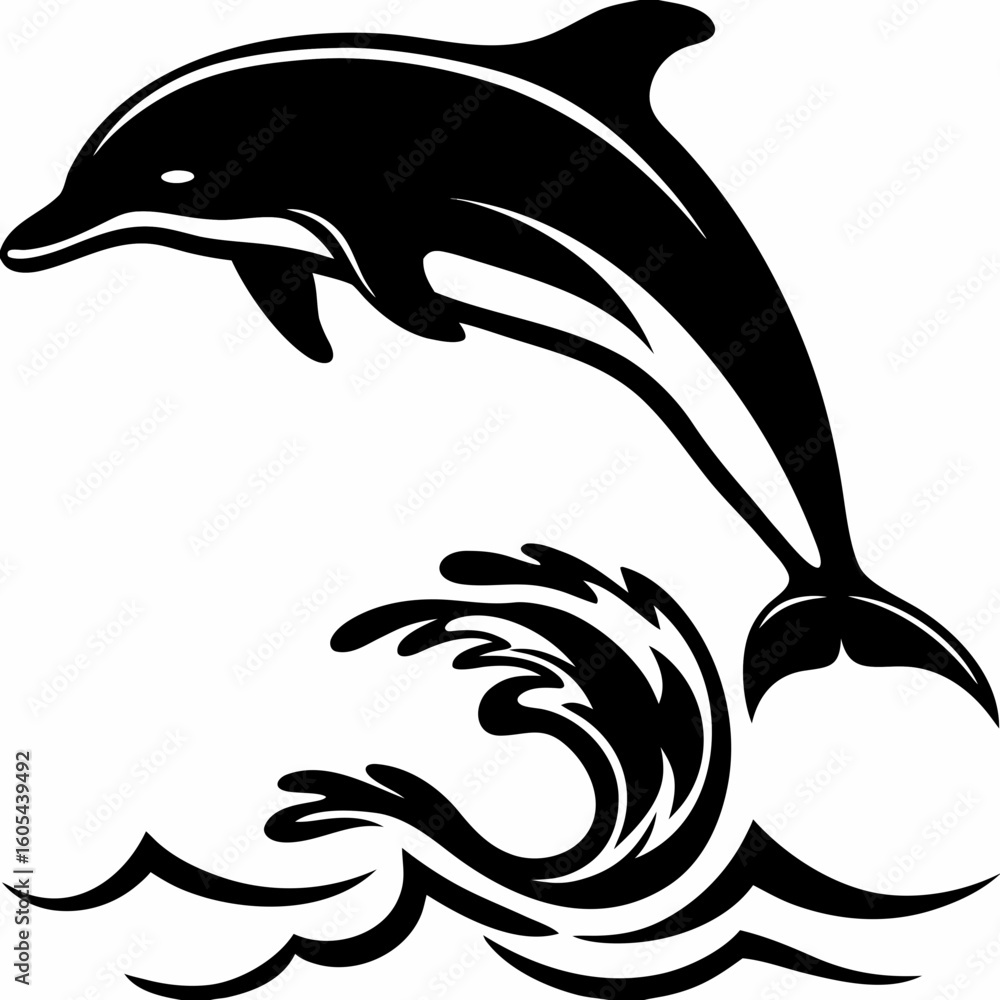Poster silhouette of a dolphin leaping out of the water with waves in a simple black and white design style