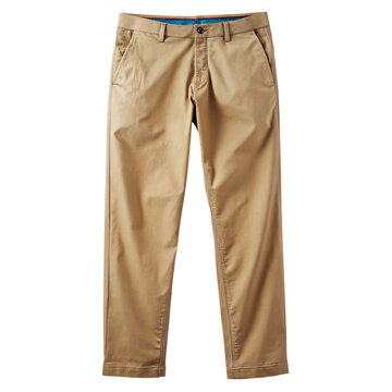 A pair of tan colored chino pants with a classic fit presented isolated on transparent background
