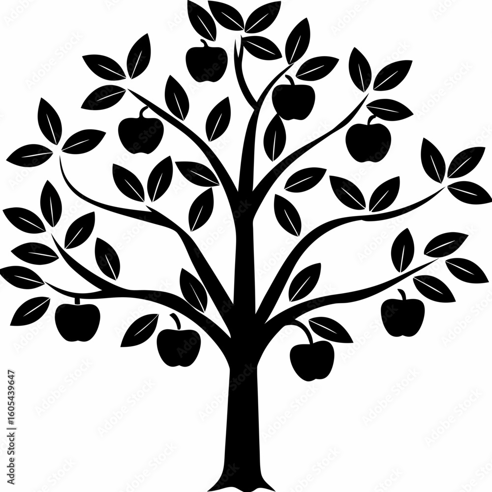 Poster illustration of a stylized apple tree with several apples hanging from the branches and leaves desig